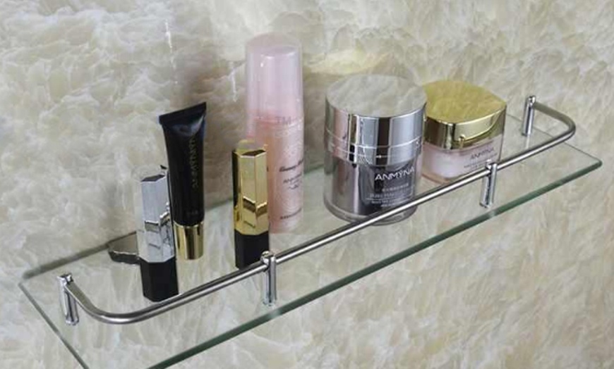 Image 2: Thick Tempered Glass Shelf Wall Mounted Bathroom Storage Organizer