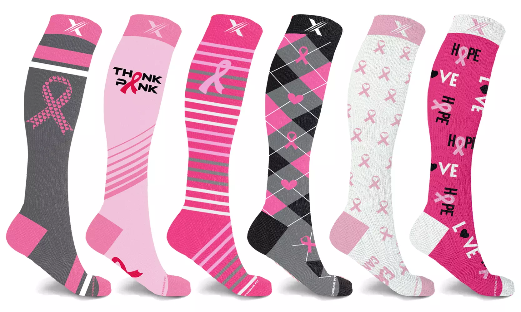 XTF Breast Cancer Awareness Knee-High Compression Socks (3 or 6 Pairs) - Primary Image