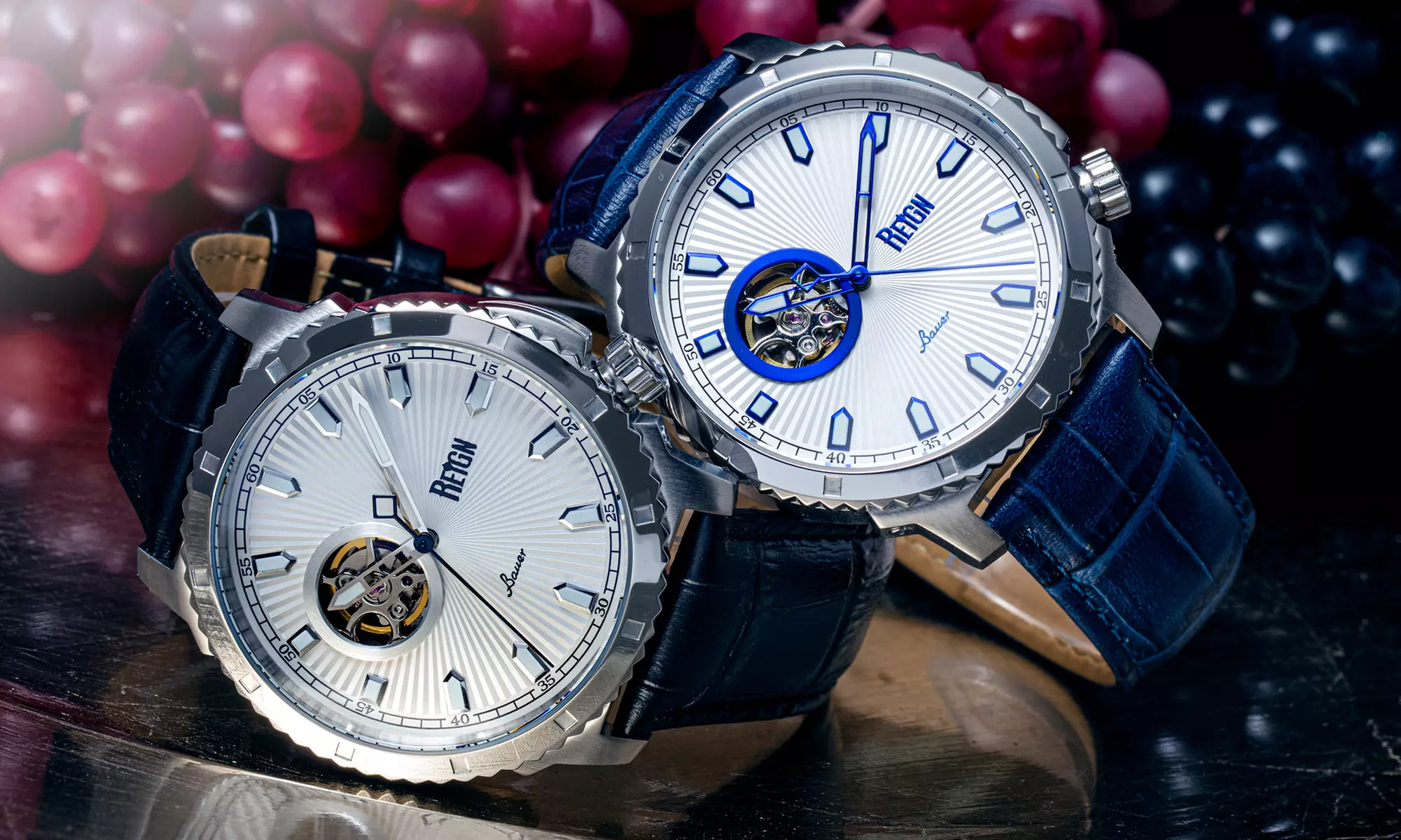 Reign Bauer Automatic Semi-Skeleton-Uhr mit Leder-Armband