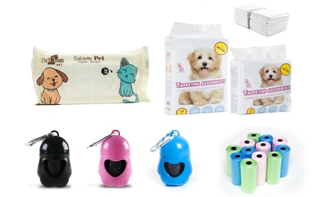 Portasacchetti, tappetini igienici e salviettine per animali domestici, disponibili in varie dimensioni e colori