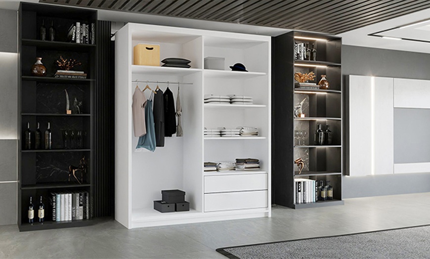 Image 12: Modern High Gloss Door Wardrobe With Mirror and Drawers