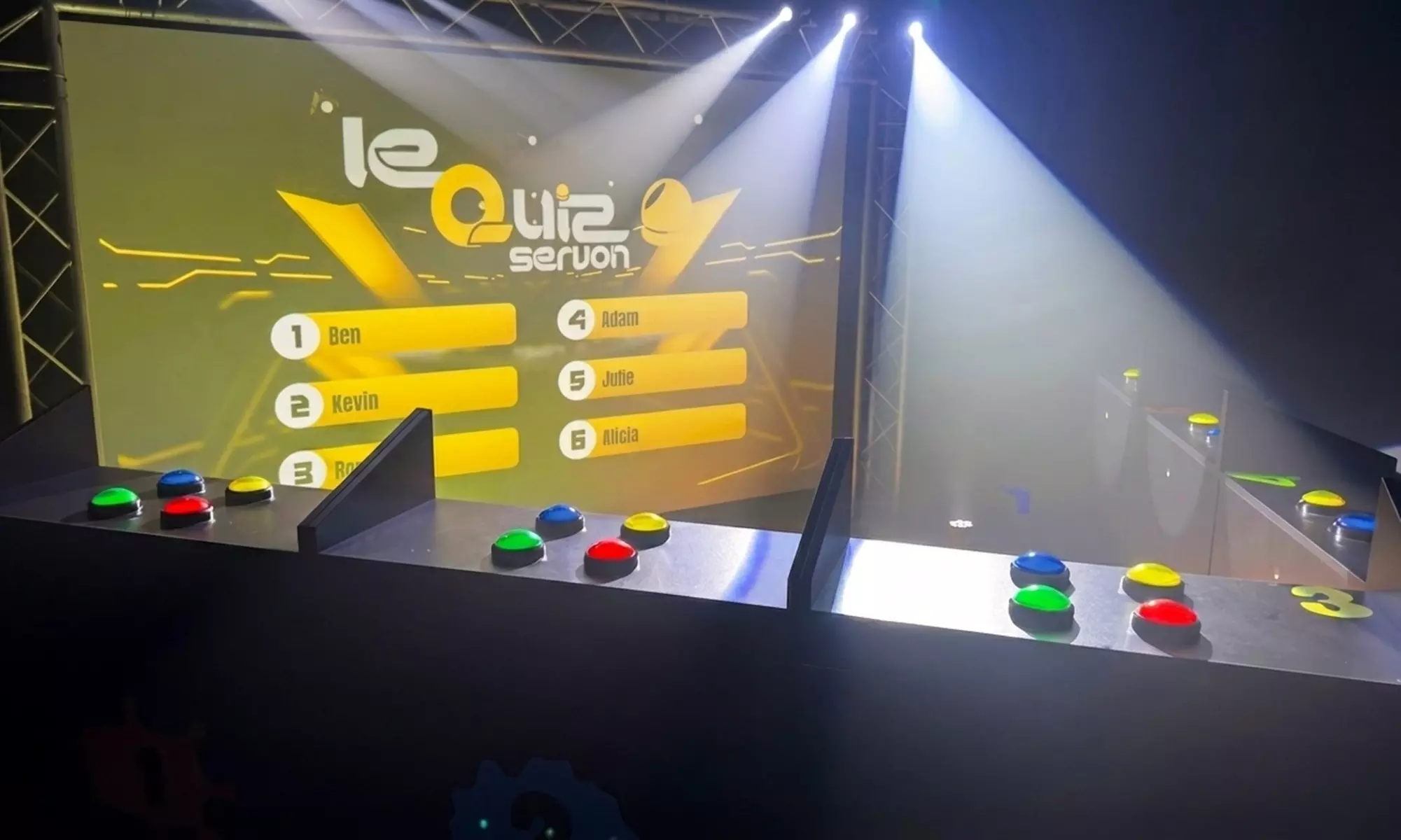 Jeu quizz en équipe : expérience immersive type plateau TV