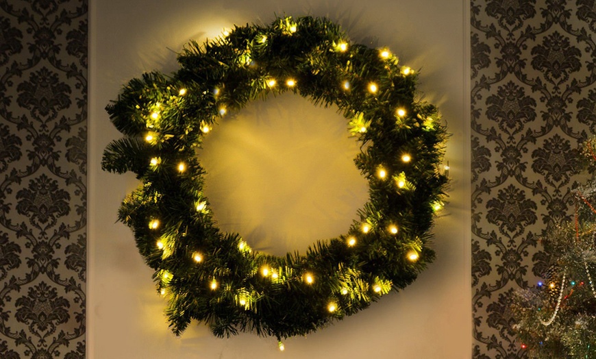 Image 1: Pre-lit Christmas Wreath with 50 Warm White LED's 