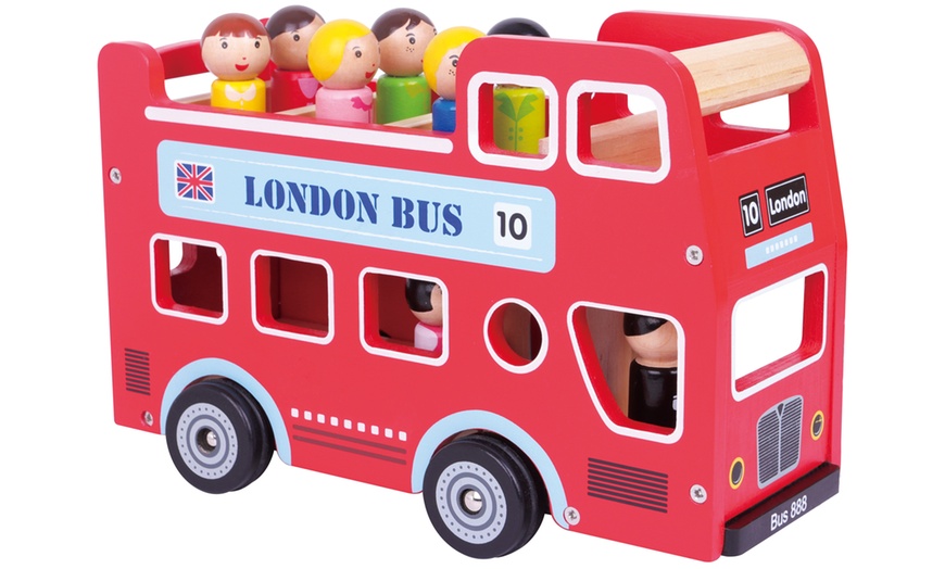 Image 3: Wooden Double Decker London Bus Toy with Figurines