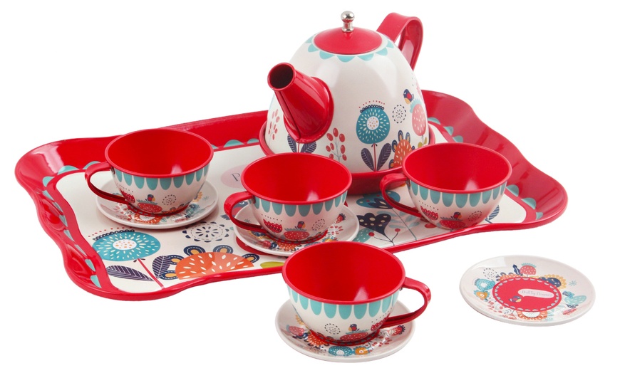 Image 13: 14-Piece Die-Cast Pretend Role Play Tea Set with Portable Carry Case