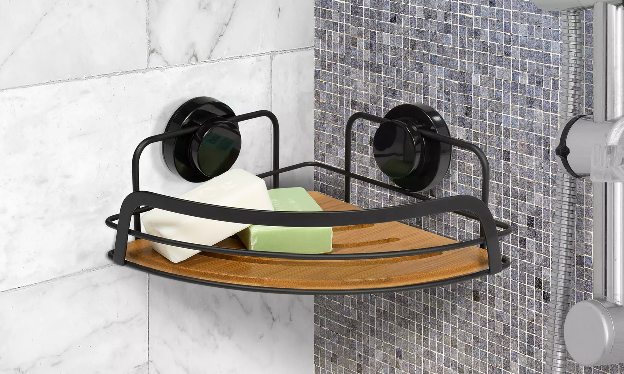 1 à 4 étagères de douche en bambou, fixation sans vis et simple - Primary Image