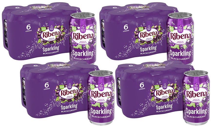 Image 1: 24 Cans of Ribena Blackcurrant Sparkling Juice Drinks 330ml