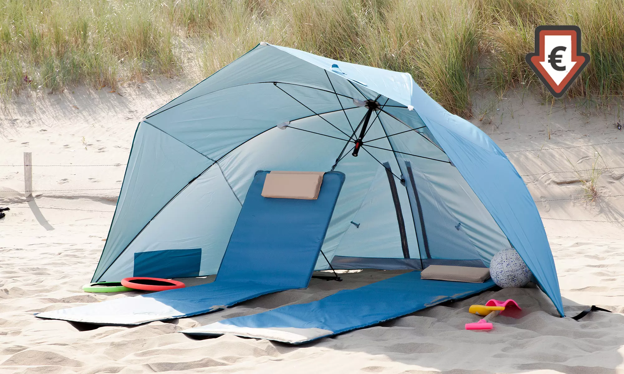 Meerweh Windschutz-Sonnenschirm in Form von Strandmuschel in Blau, Grün oder Grau - Primary Image