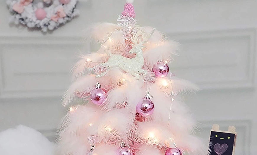 Image 3: Mini sapin de Noël rose, avec lumières LED et ornements