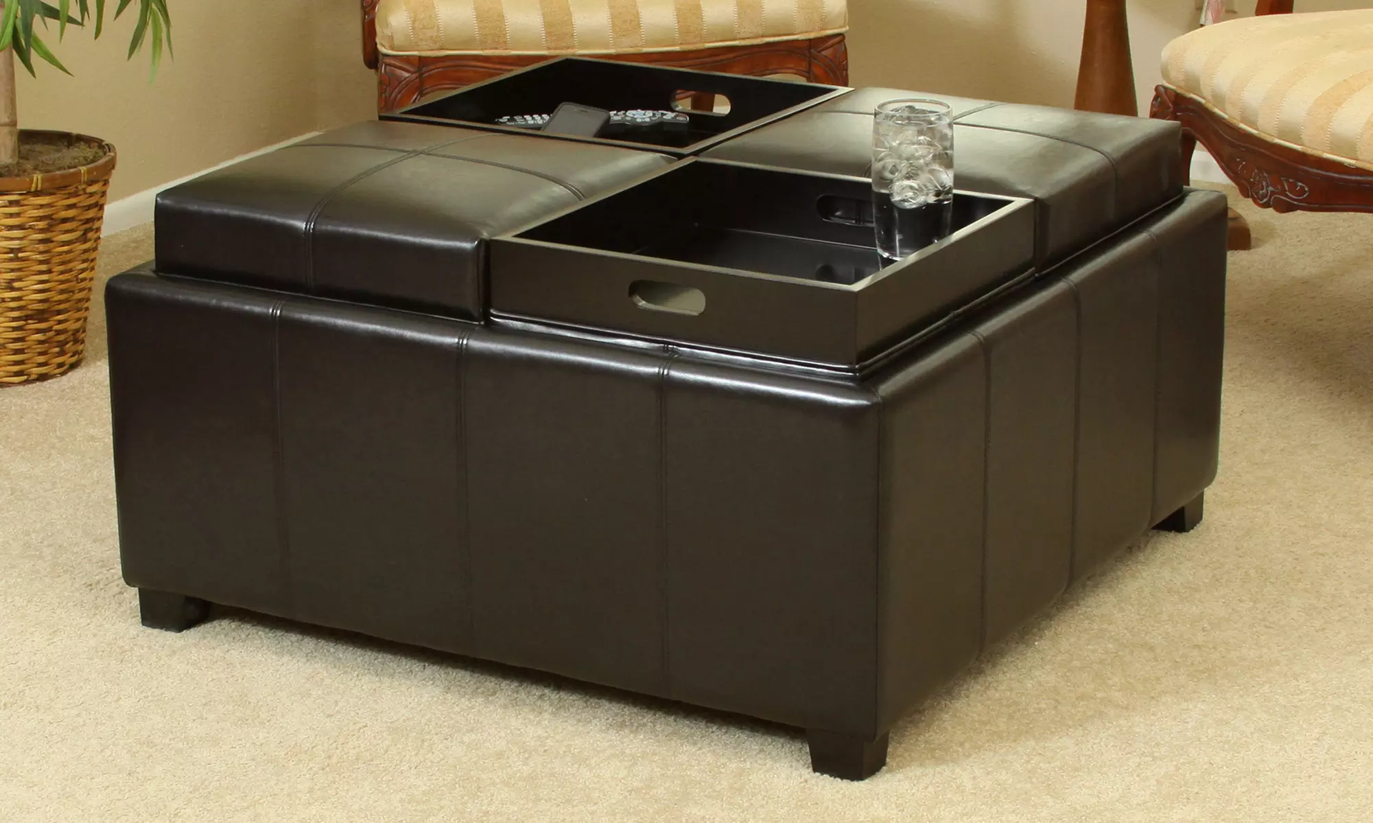 Durango Black Bonded Leather Tray-Top Coffee Table Storage Ottoman - Primary Image