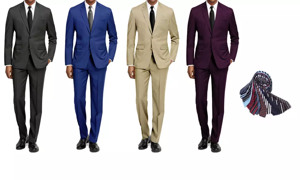 Braveman Men's Slim-Fit Solid 2-Piece Suit with Free Tie - Primary Image
