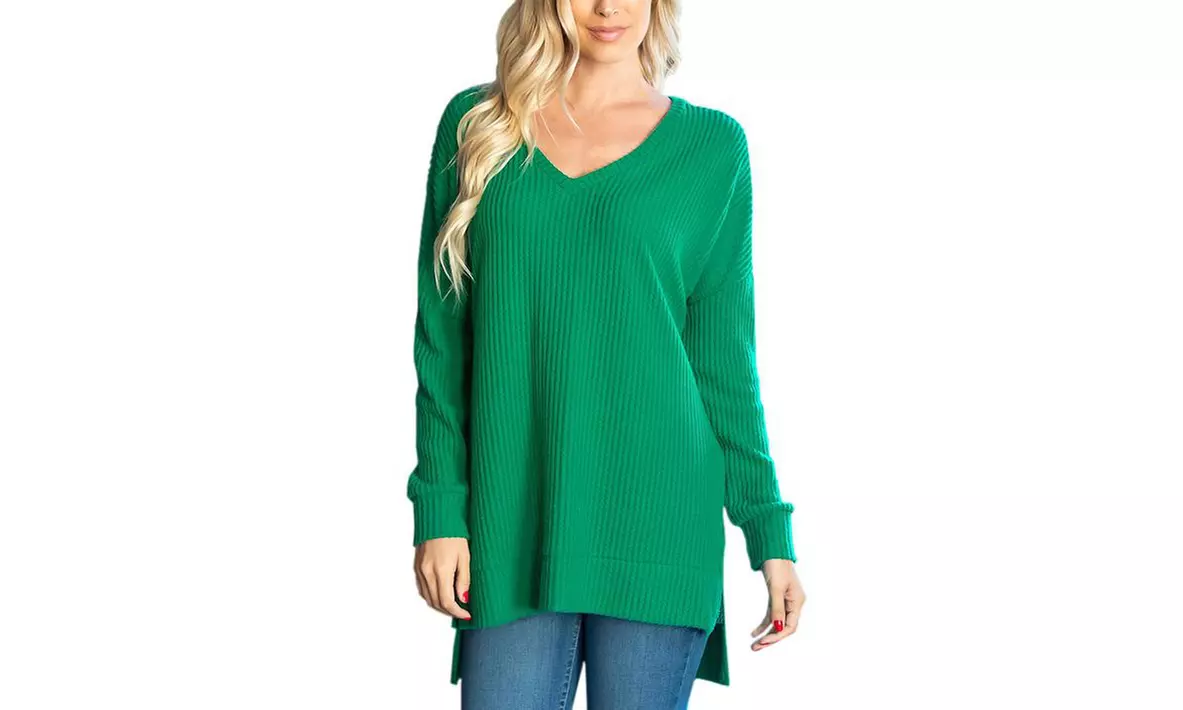 Haute Edition Women's Waffle Knit Cozy V-Neck Tunic Top. Plus Sizes Available. - Second Medium