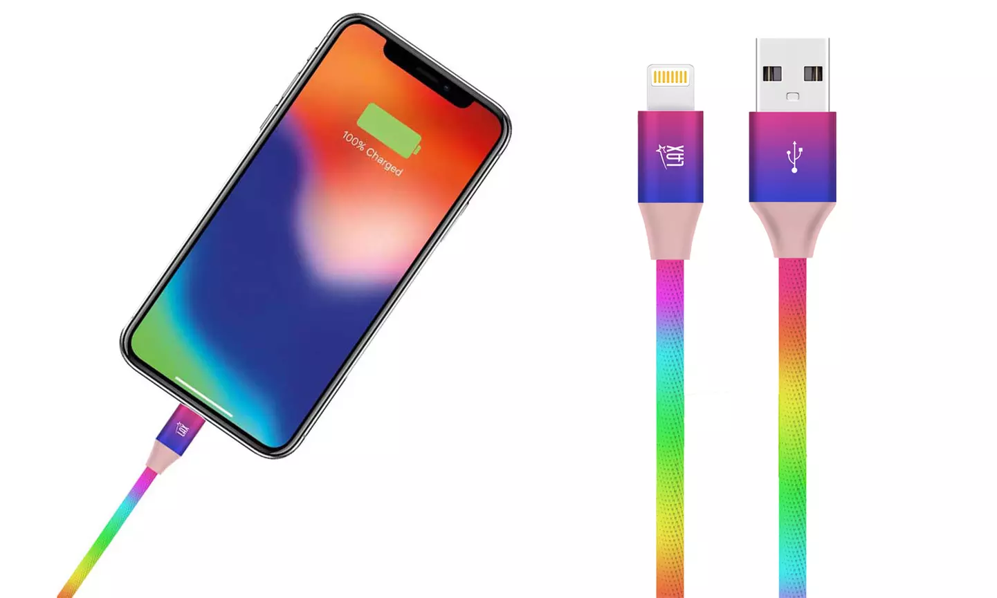 LAX Gadgets 4Ft., 6Ft., or 10Ft. Apple MFi Certified Rainbow Lightning Cables for iPhone and iPad (1- or 2-Pack) - Primary Image