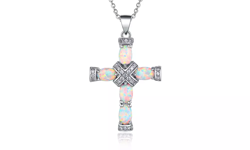 Peermont Genuine White Fire Opal and Diamond Accent Cross Necklace - Primary Image