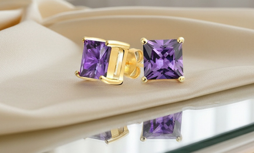 Image 1: Paris Jewelry Yellow Gold Plated Silver 7mm Princess Amethyst CZ Stud Earrings