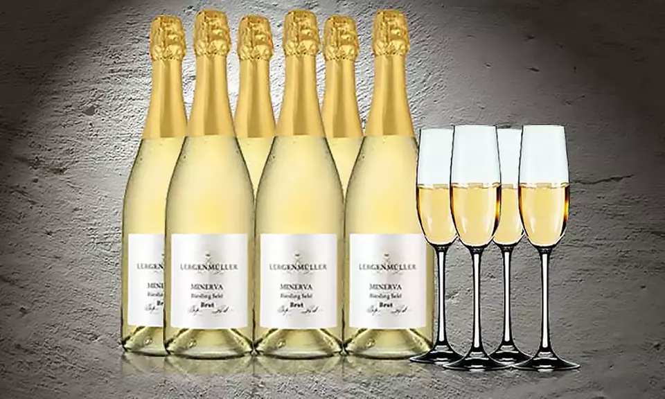 6x Lergenmüller Riesling Sekt Minerva Brut + 4x Spiegelau Sektglas inkl. Versand - Primary Image