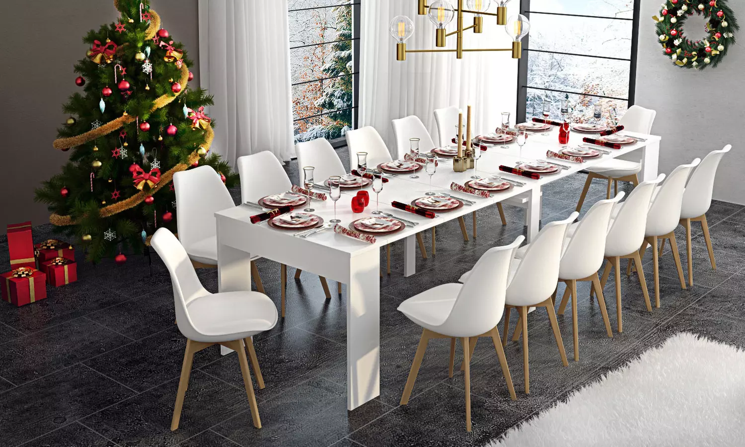 Ausziehbarer Konsolentisch bis zu 3 Meter lang in Glanz-Weiß, Dunkel- oder Hell-Eiche inkl. Versand, opt. mit Stühlen - Primary Image