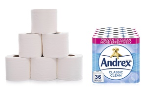 36 or 72 Andrex Classic Clean Fragrance-Free Two-Ply Toilet Rolls