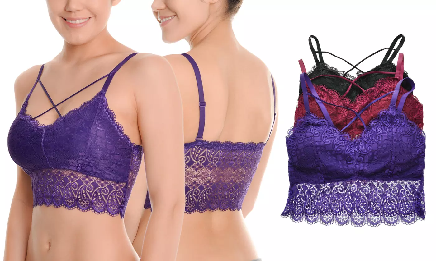 Angelina Wire-Free Lace Bralette with Criss-Cross Straps (3-Pack) - Primary Image