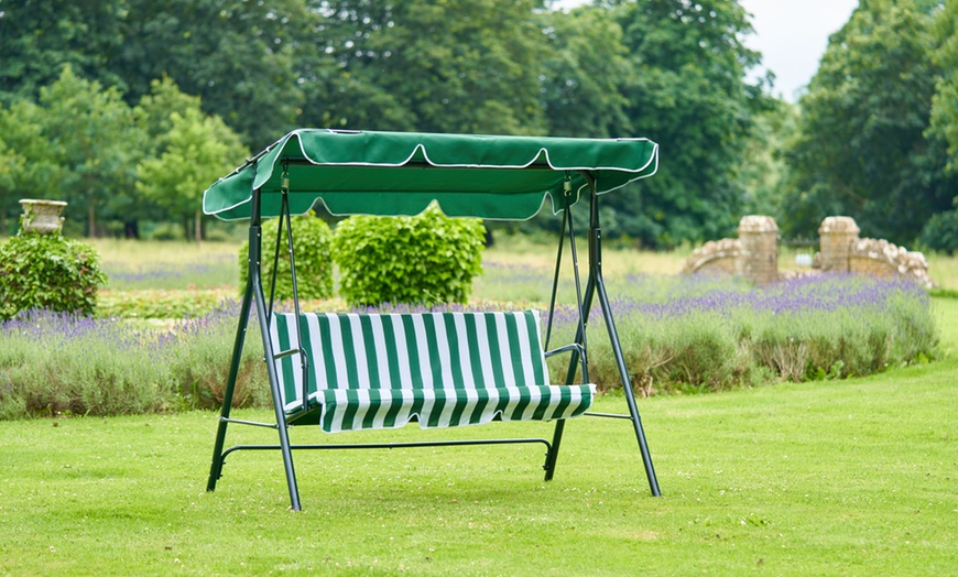 Image 1: Three-Seater Outdoor Swing Bench with Canopy