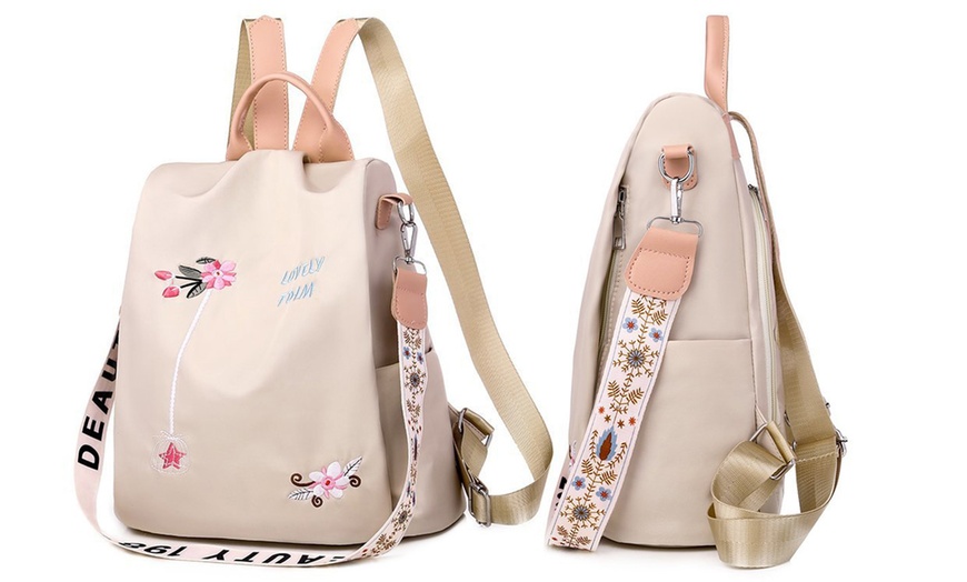 Image 9: Women's Floral Embroidered Anti-Theft Backpack