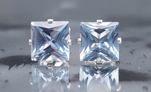 Sterling Silver Princess-Cut Aquamarine Gemstone Stud Earrings