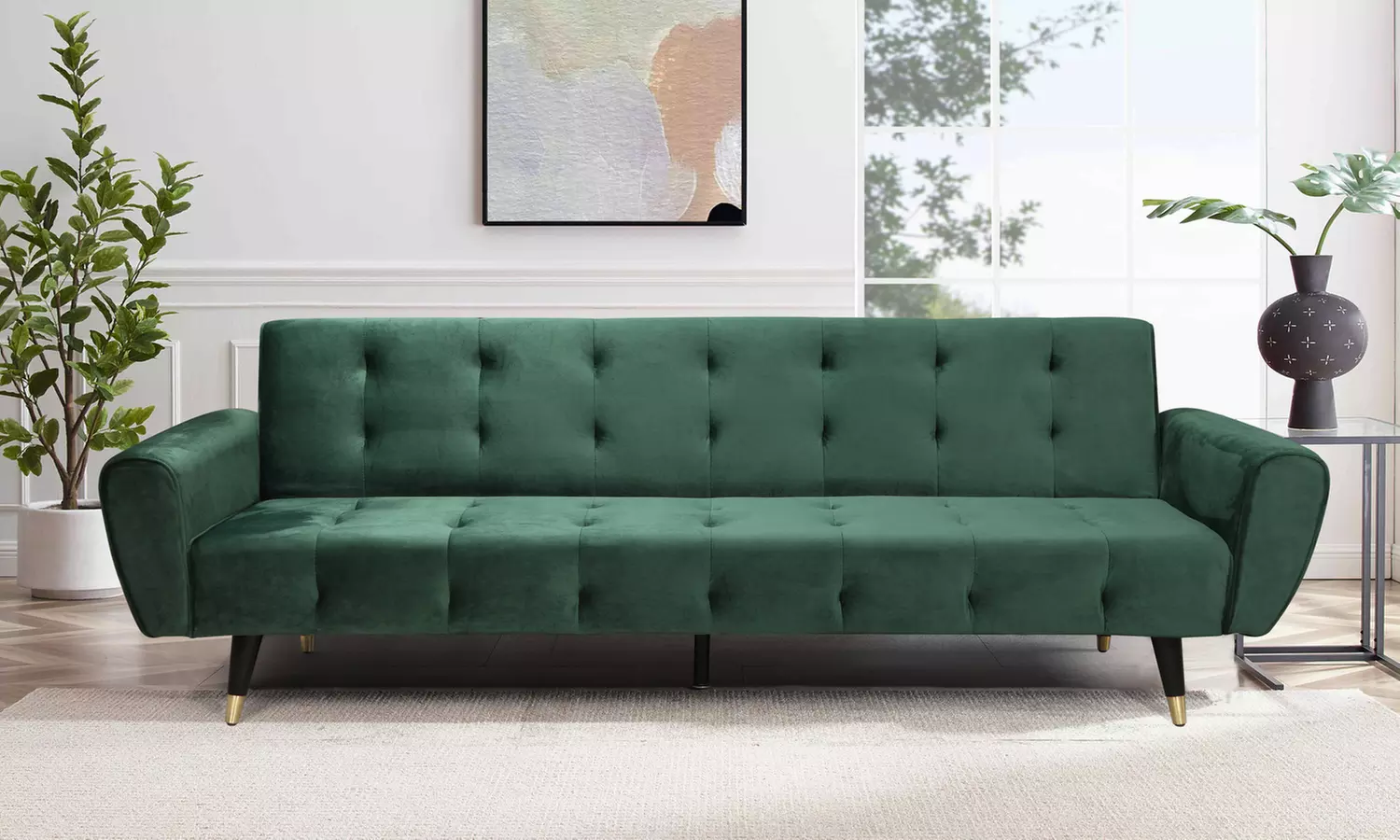 Canapé 3 places en velours vert, convertible en couchage