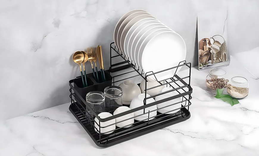 Image 4: Two-Tier Metal Dish Drying Rack with Removable Drip Tray