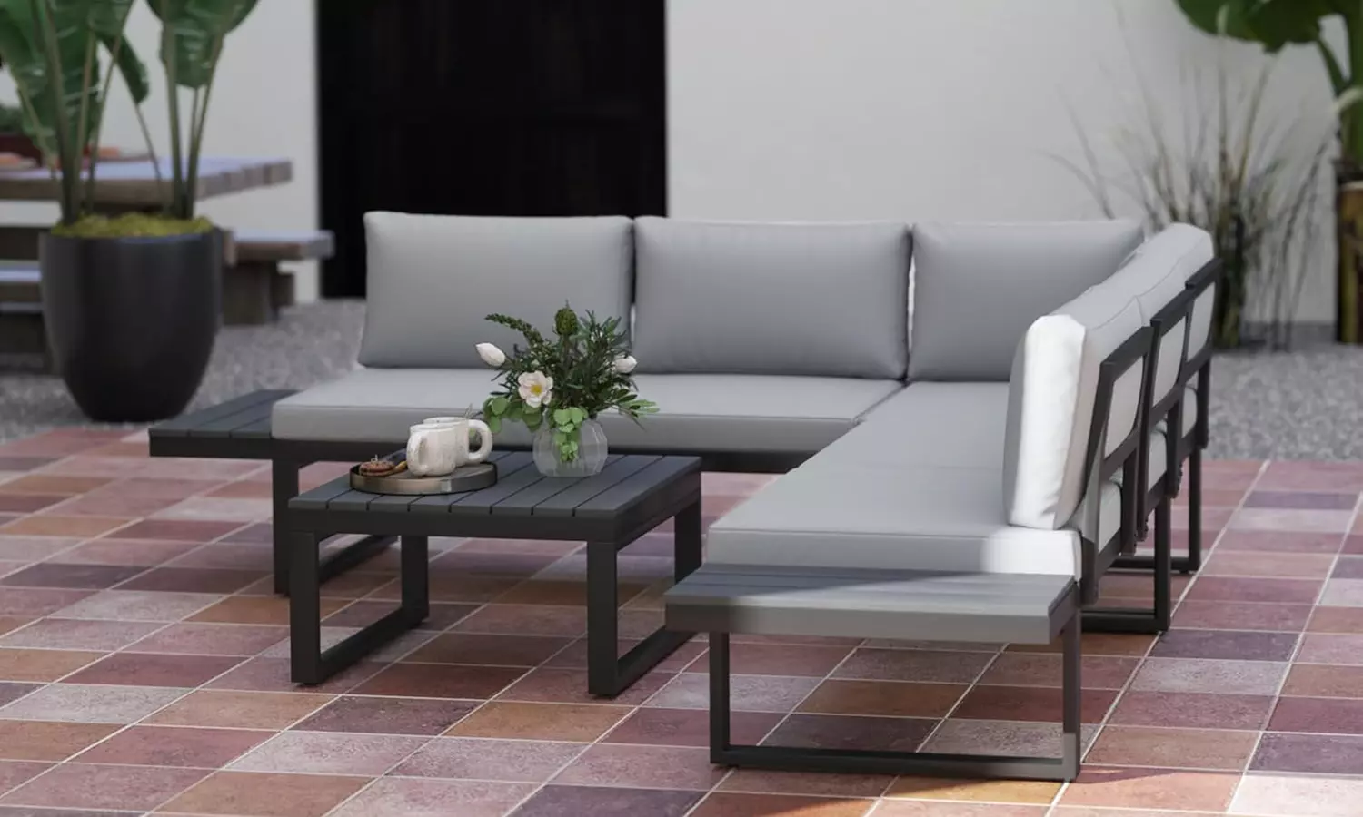 Four-Seater Outsunny Garden Set with Recline Corner Sofa and Table