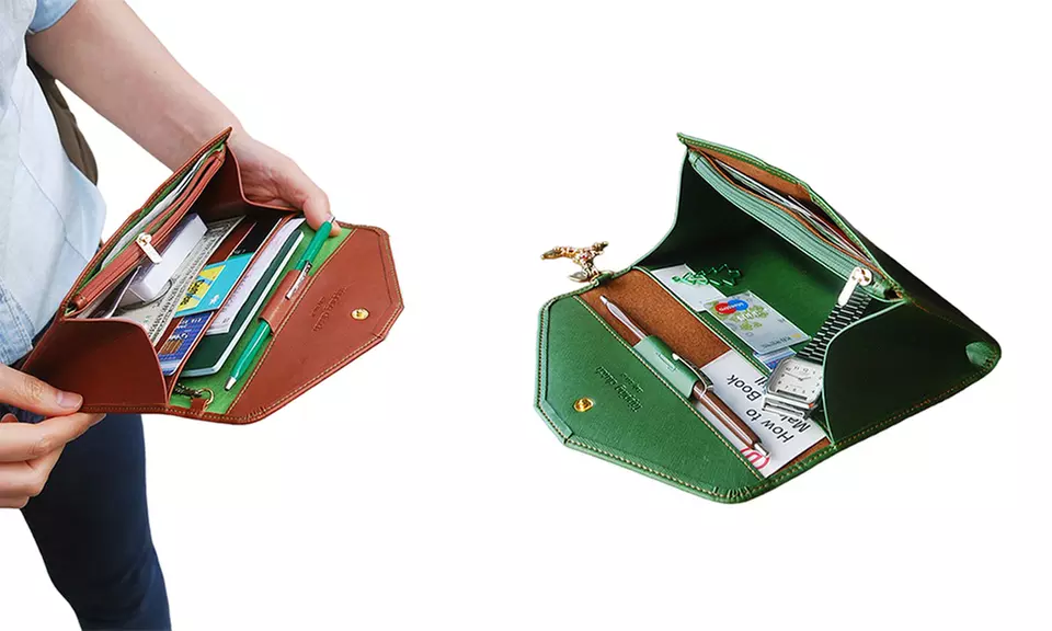 Bolso cartera de sobre elegante; marrón/verde, múltiples ranuras, compartimento con cremallera para monedas - Primary Image