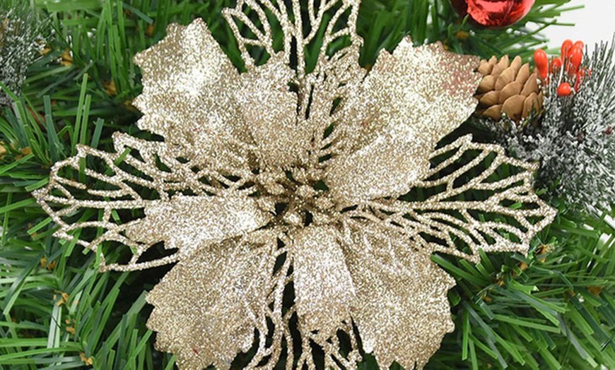 Image 6: Five or Ten Glitter Artificial Flowers Christmas Tree Decorations