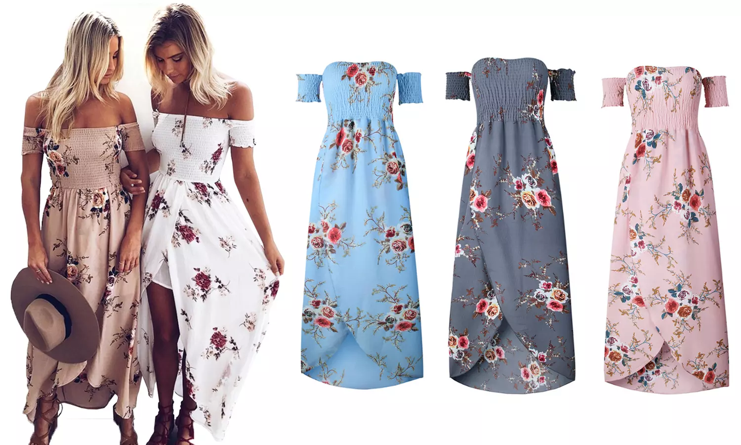 Schulterfreies Blumenkleid in der Farbe und Größe nach Wahl mit überlappendem Rock, inkl. Versand - Primary Image