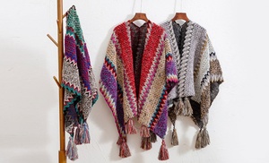 Women's Elegant Knit Boho Fringed Cape Shawl