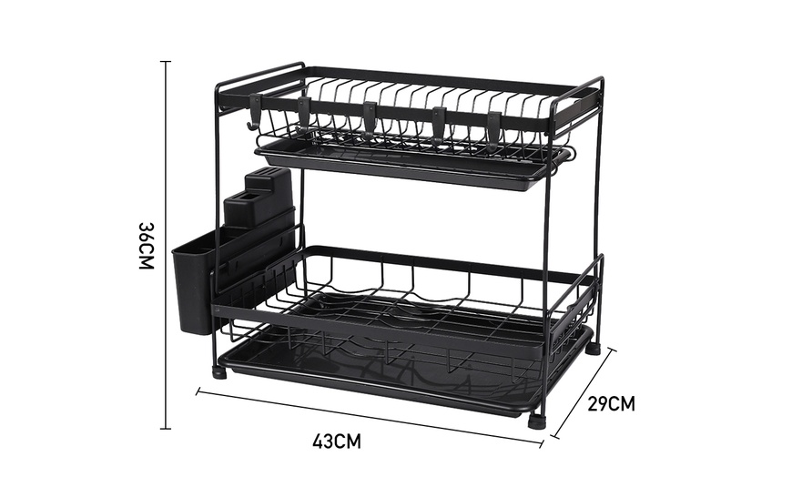 Image 9: Black 2-Tier Dish Drying Rack with Drain Trays and Utensil Holder