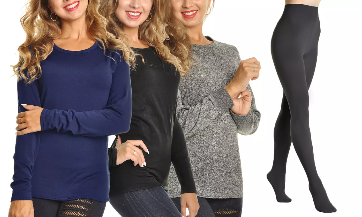 Women's Fleece-Lined Long Sleeved Thermal Tops (3-Pack) with Thermal Tights - Primary Image