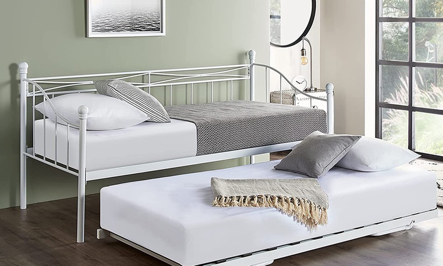 Image 20: Metal Day Bed with Optional Trundle Pull-Out and Mattresses
