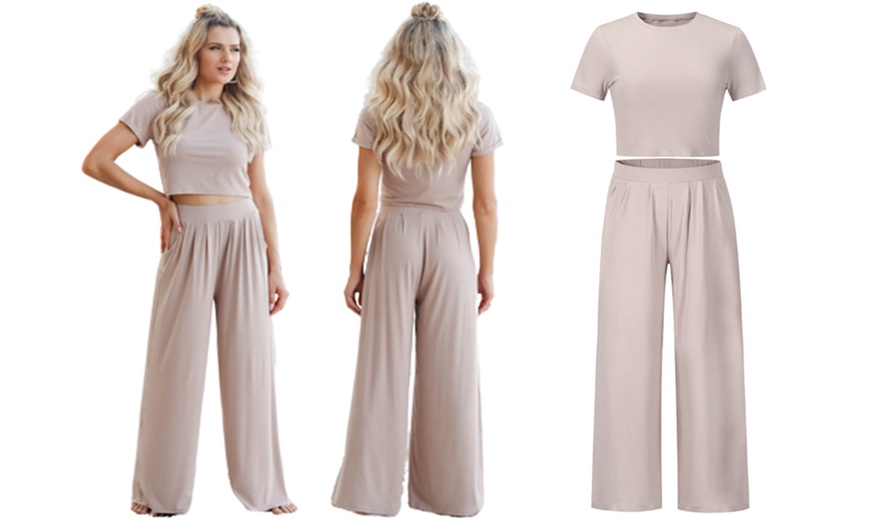 Image 5: Women's Two Piece Crop Top Wide Leg Trousers Set 
