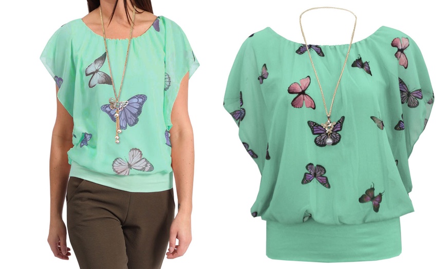 Image 8: Women's Coloured Butterfly Print Ruffle Chiffon Top with Necklace