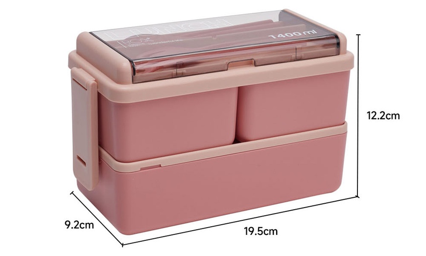 Image 10: Dual-Layer Plastic Bento Lunch Box with Cutlery