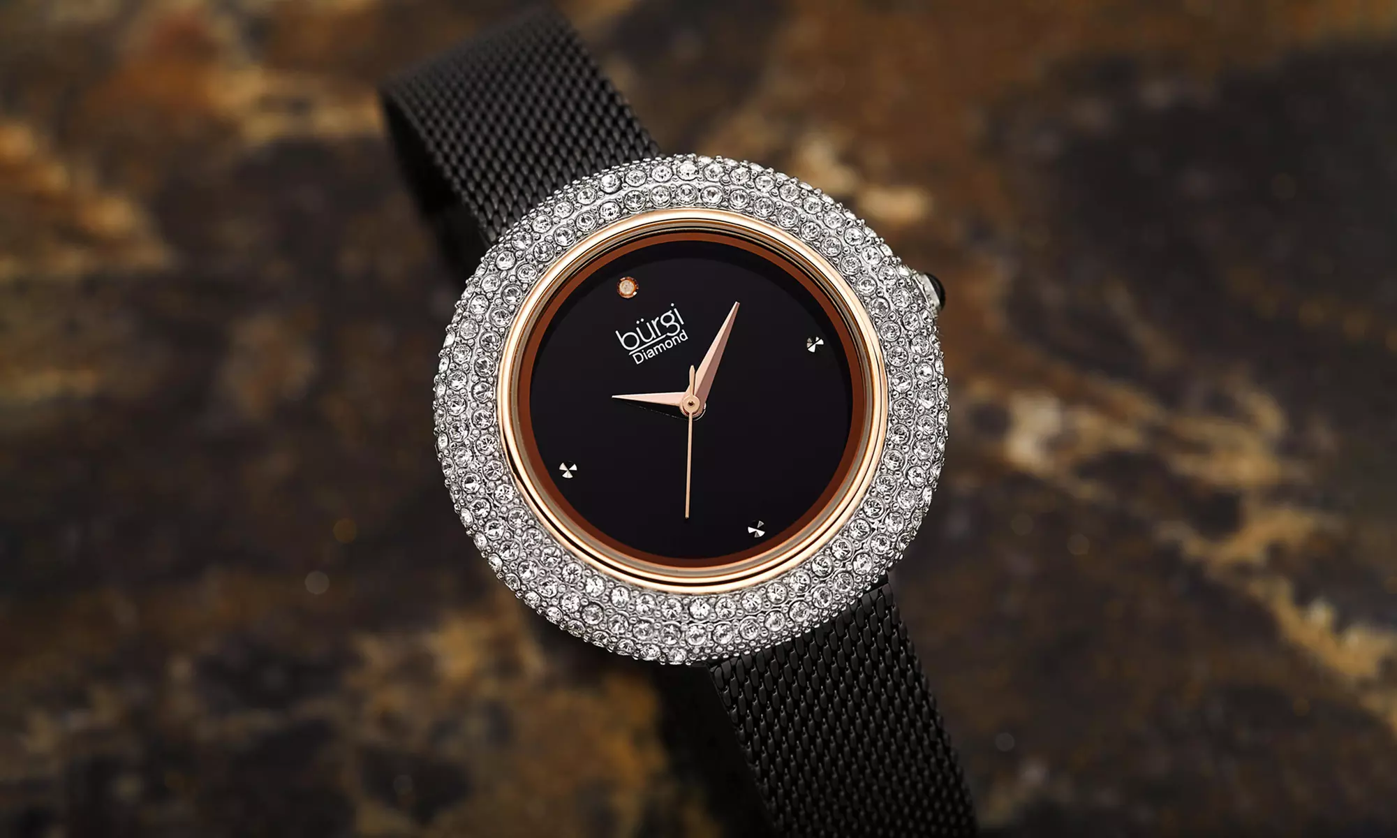 Women's Burgi Swarovski Bezel Diamond Dial Stainless Steel Mesh Bracelet Watch - Primary Image