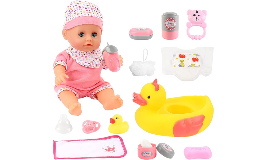 Image 1: Baby Doll Bath Set with Floating Duck Ring and Accessories