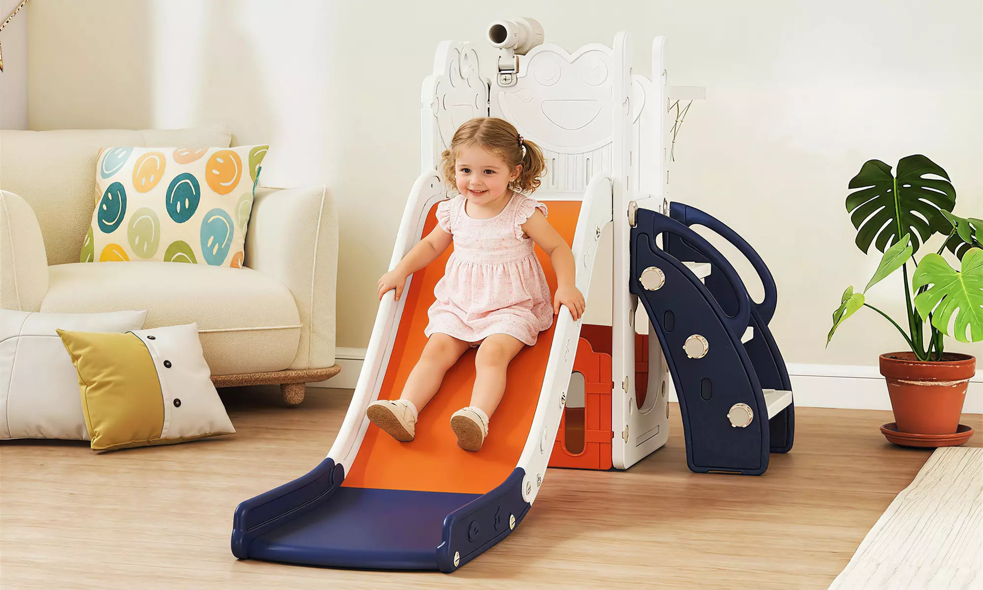 AIYAPLAY 5-in-1 Kids Slide Set with Telescope & Basketball Hoop