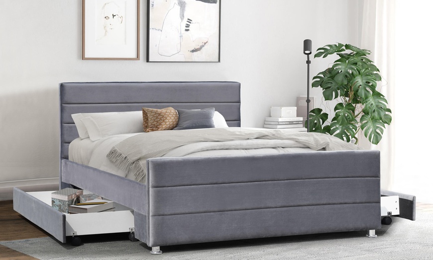 Image 1: Velvet Upholstered Bed with Storage Drawers