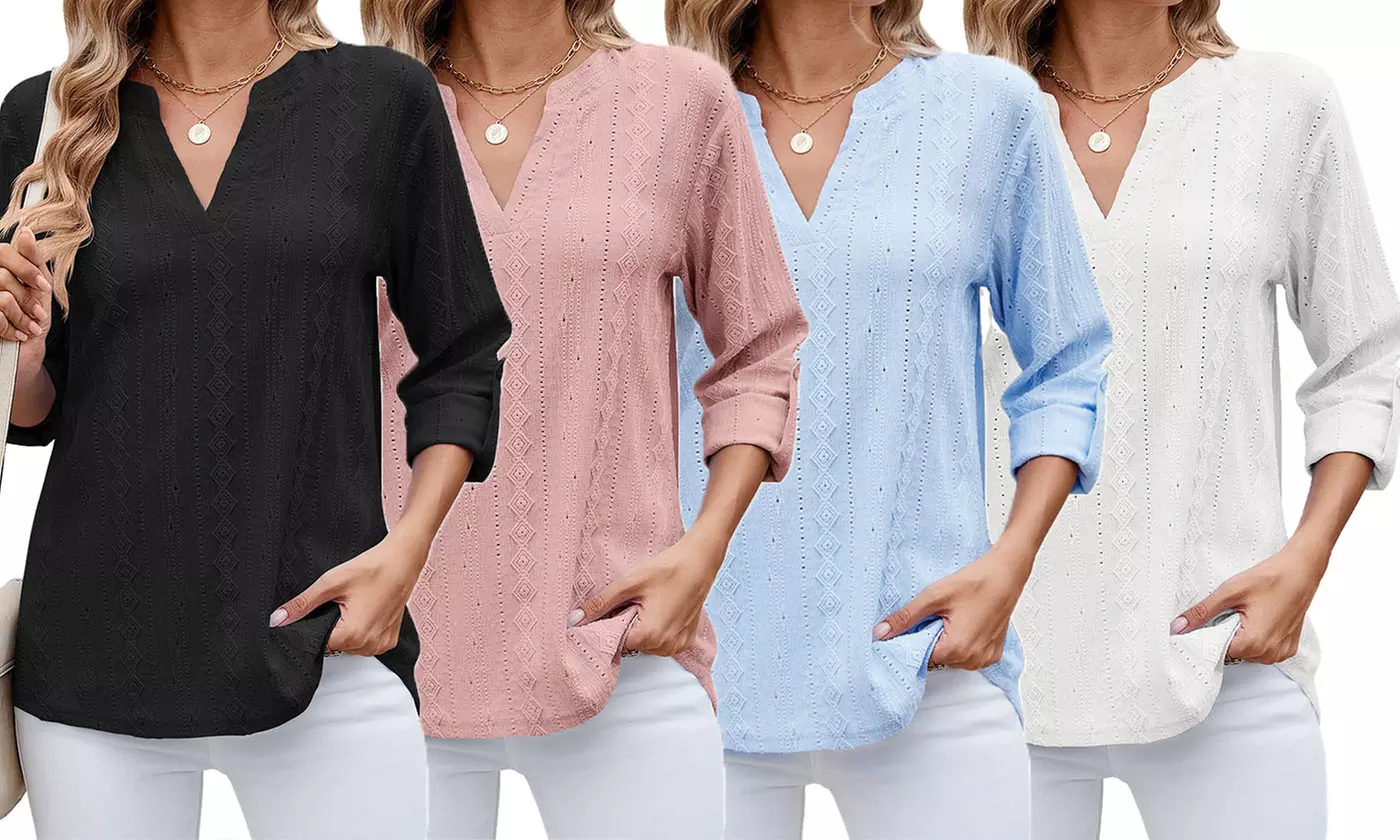 Women Dressy V Neck Ruffle 3/4 Sleeve Trendy Eyelet Blouses Loose Fit Tunic