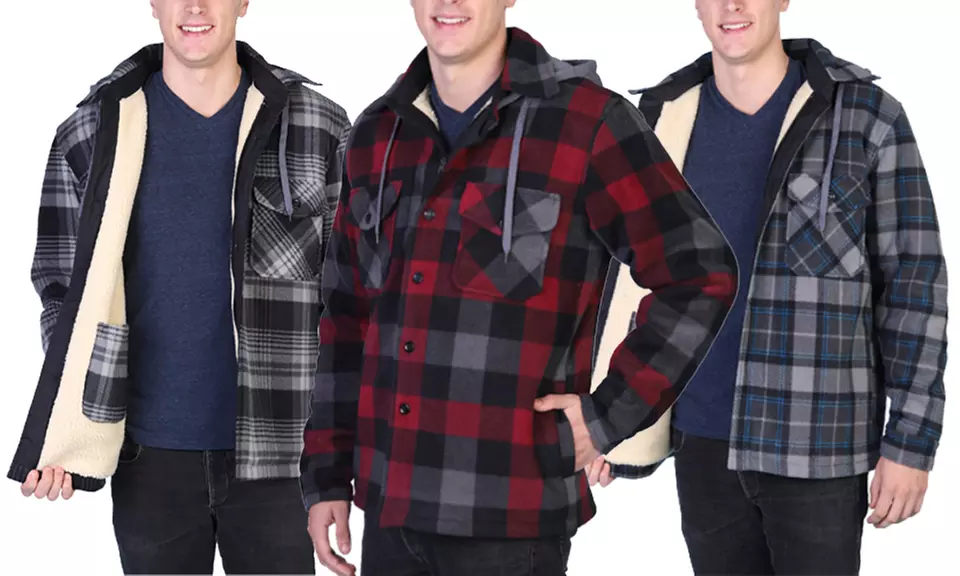 Maxxsel Men's Sherpa Lined Plaid Flannel Hooded Shirt Jacket (S-5XL) - Primary Image