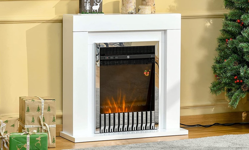 Image 1: HomCom Electric White Fireplace with Remote Control