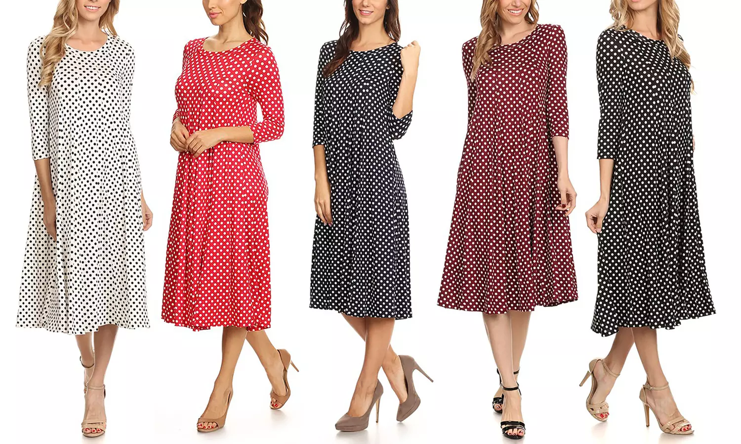 MOA Collection Women's Polka Dot Casual 3/4 Sleeve A-Line Midi Dress. Plus Sizes Available. - Primary Image