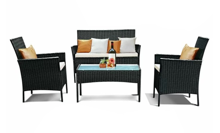 Image 3: Four-Piece Black Rattan-Effect Garden Furniture Set