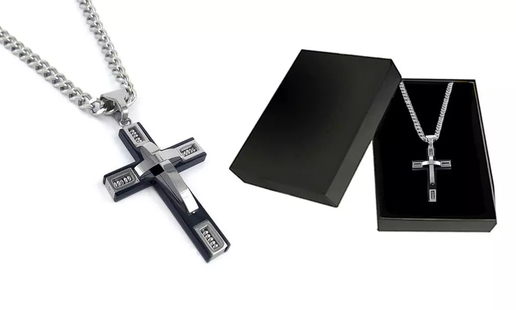 Men's Cross Necklace in Stainless Steel + 24" Inch Curb Chain