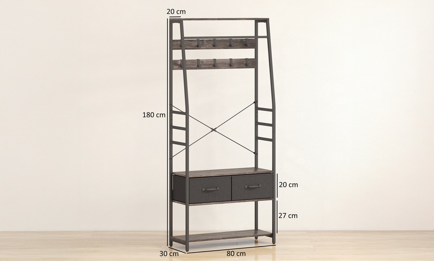 Image 6: HomCom Coat Rack with Shoe Storage Bench and Hooks